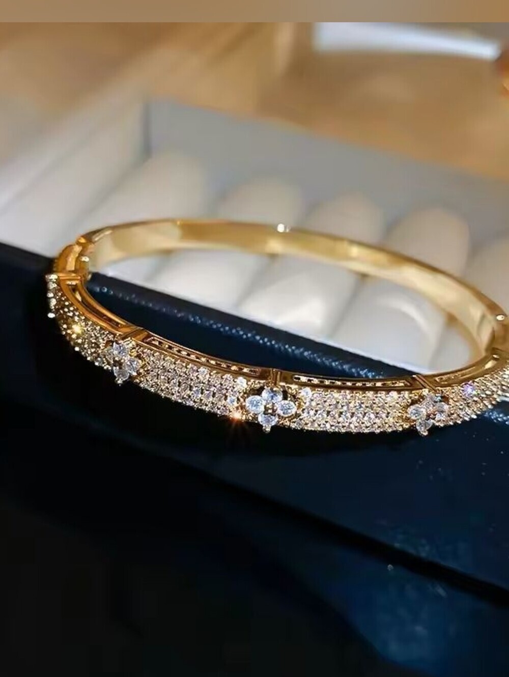 Gold Crystal Pavé Floral Bangle Bracelet